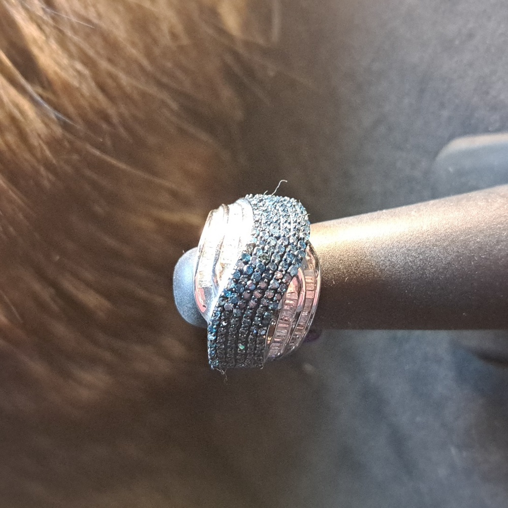 Elegant Sterling Silver White and Blue Diamond  Women's Ring.
